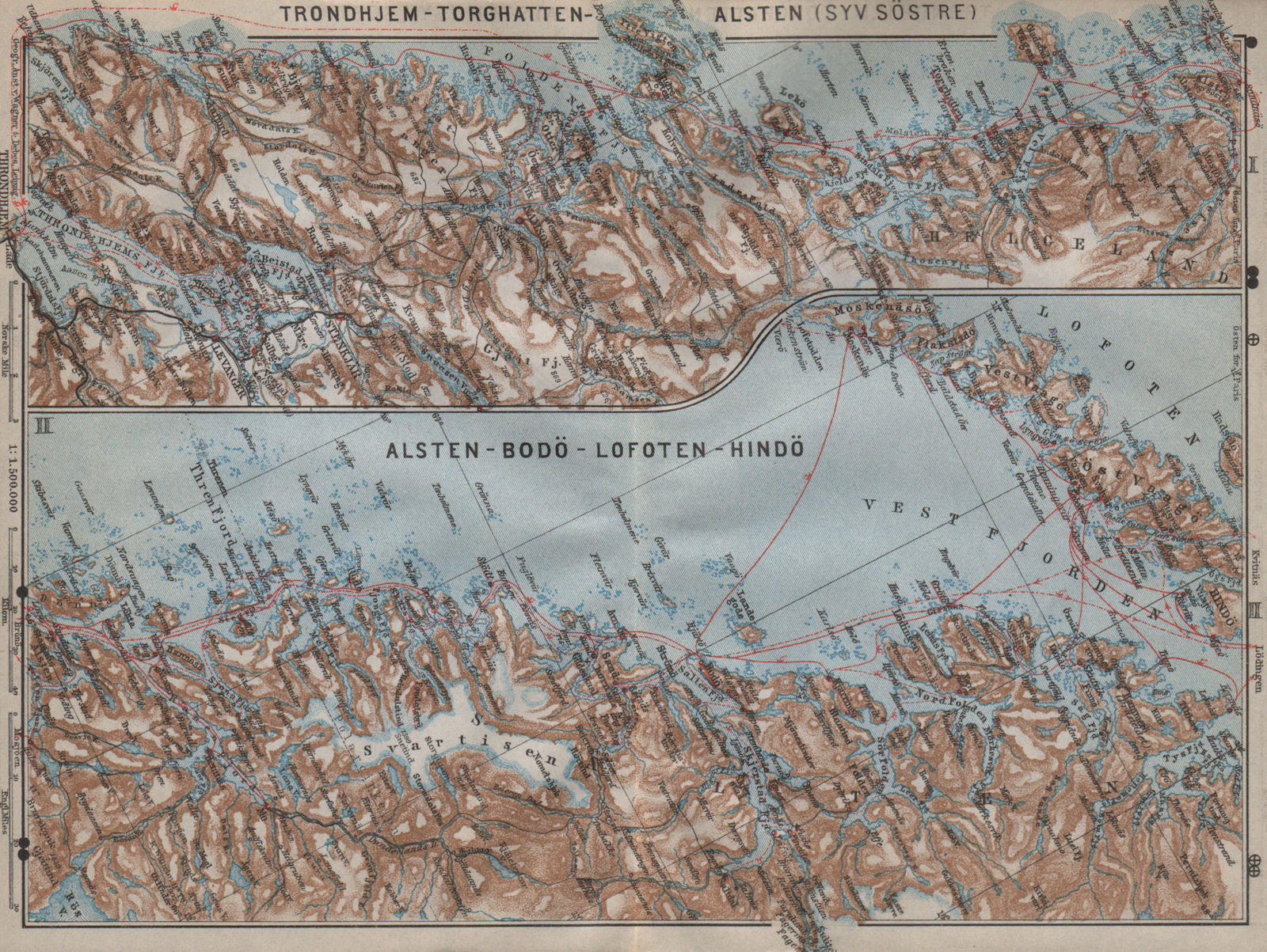 NORWAY NORTH WEST COAST. Trondheim-Torghatten-Bodo-Lofoten kart 1912 old map